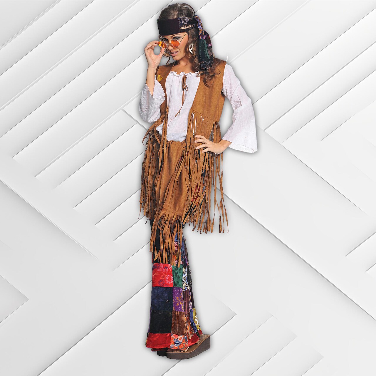 Womens Hippie Costume Fringed Vest Velvet Patchwork Bell Bottoms
